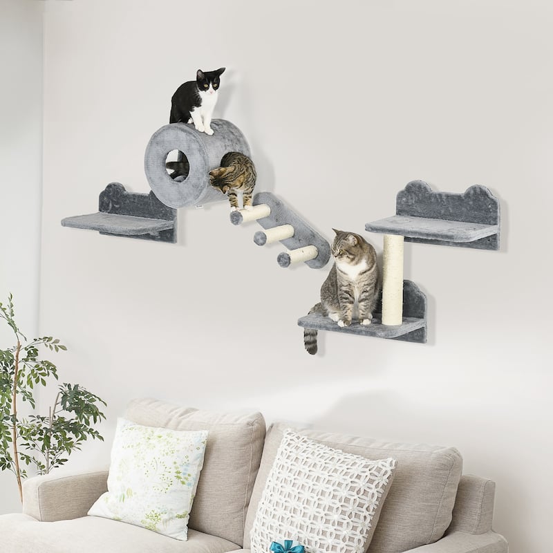 PawHut Cat Wall Shelves, 4 Piece Cat Wall Furniture, Gray - grey
