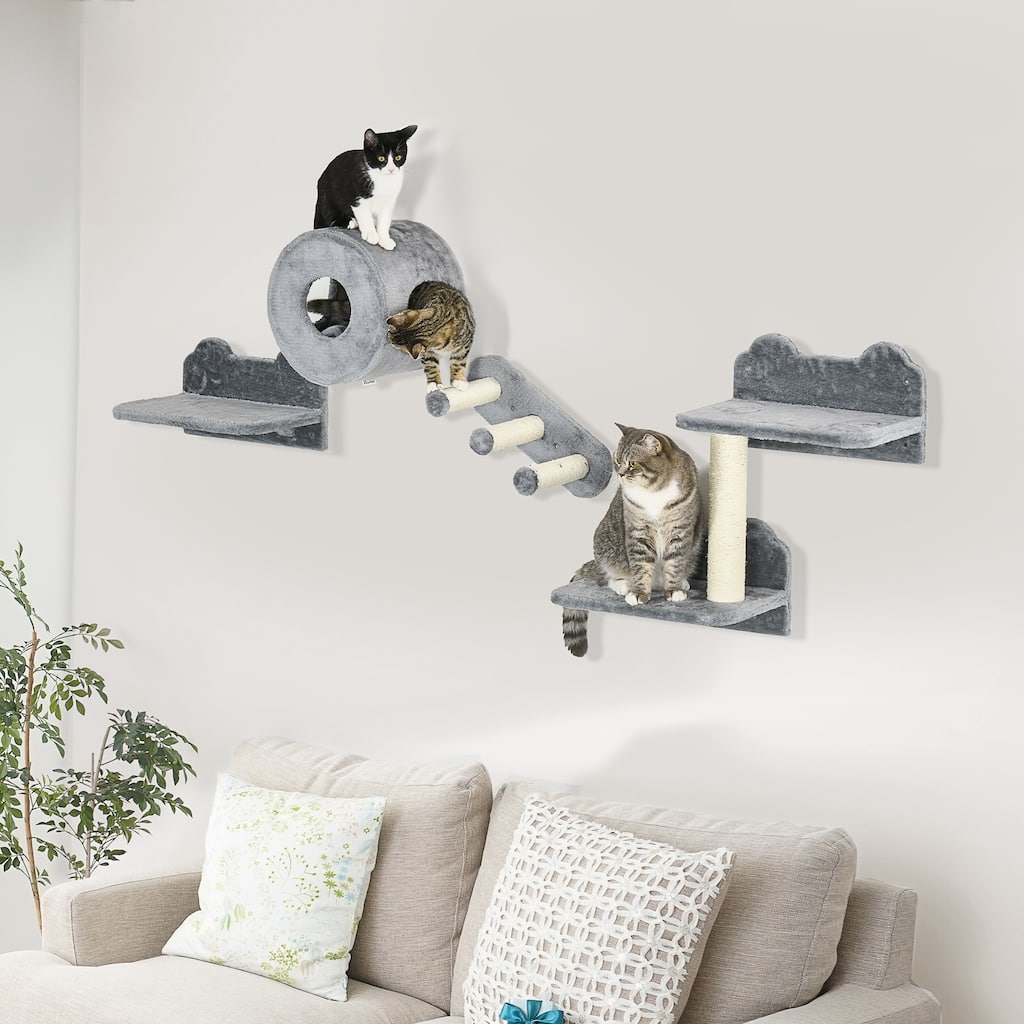 PawHut Cat Wall Shelves, 4 Piece Cat Wall Furniture, Gray
