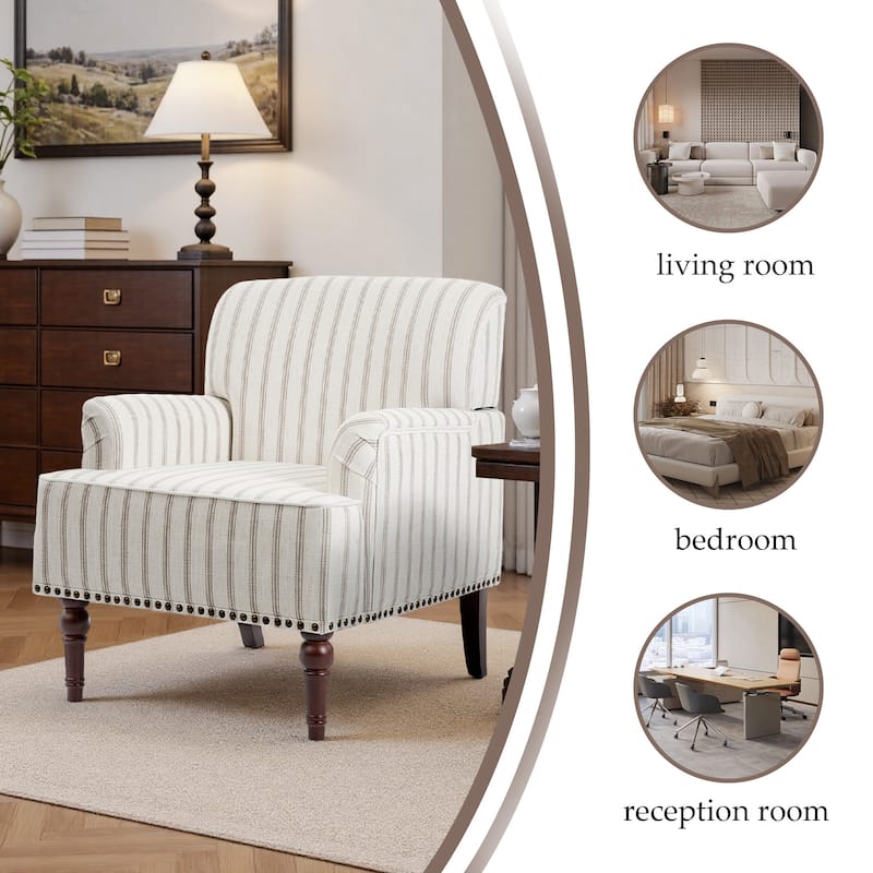 Striped Upholstered Linen Armchair with Brass Nailhead Trim