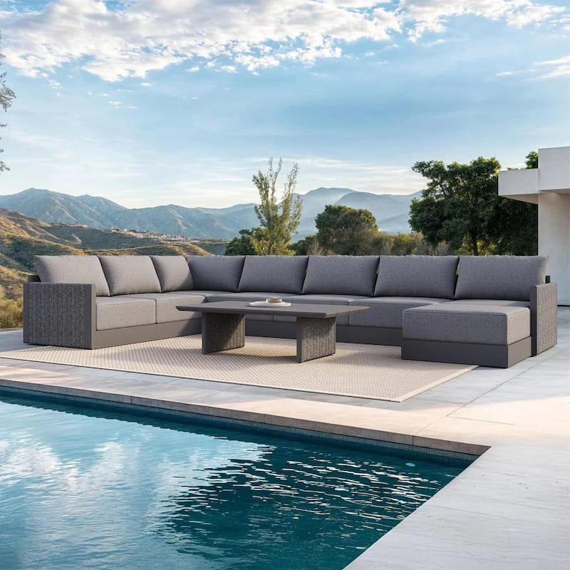 PURPLE LEAF Sanori L-shape Sectional Sofa Patio Conversation Set with Grey Ottoman and Cushion for Poolside Graden Couch - 9+1