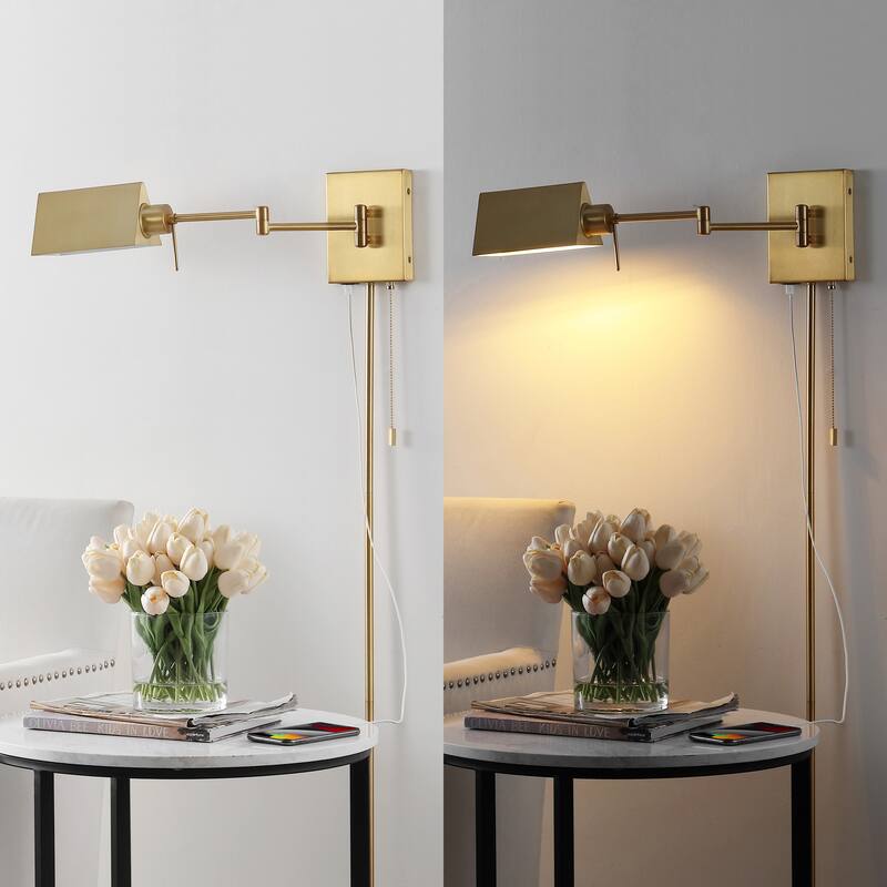 Curtis Farmhouse Swing Arm Plug-In or Hardwired Iron LED Wall Sconce with Pull-Chain with USB Charging Port, by JONATHAN Y