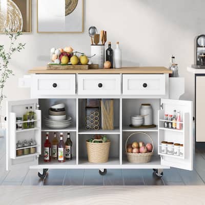 Kitchen Cart With Rubber Wood Drop-Leaf Countertop (no include stool)