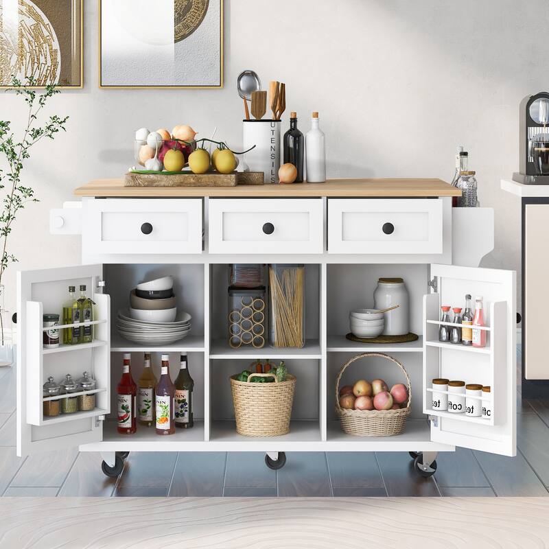 Kitchen Cart with Rubber Wood Drop-Leaf Countertop, Storage Cabinet, 3 Drawers & 5 Wheels - White