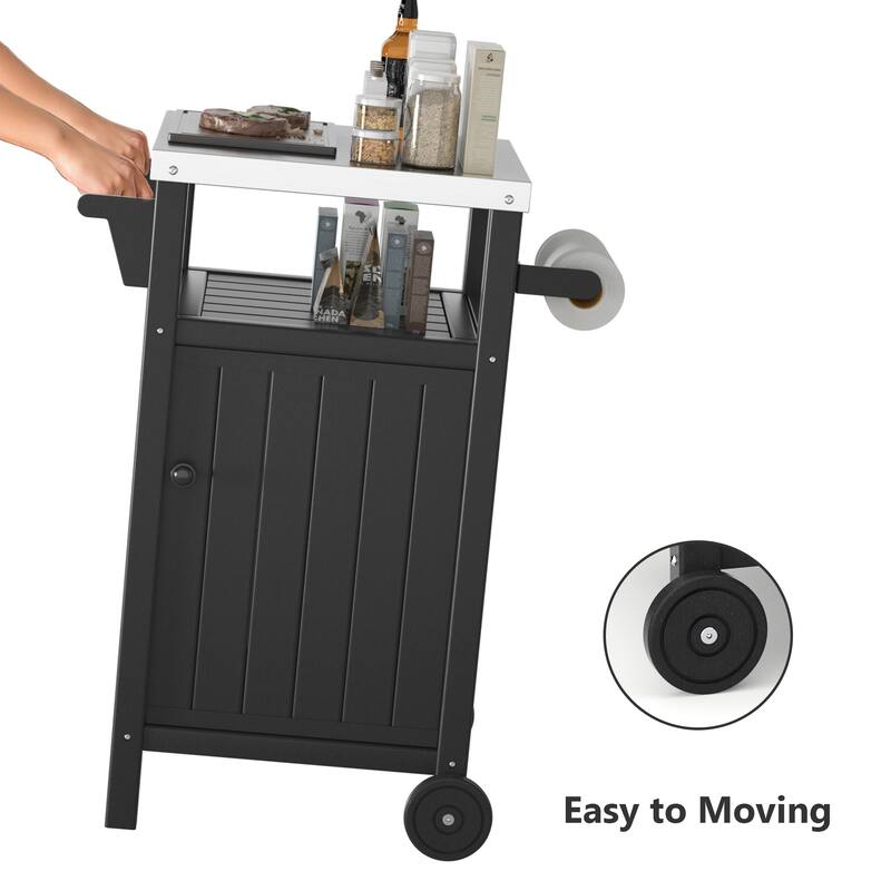 Barbecue/Grill Side Table Trolley, Outdoor Prep Dining Table Serving Cart with 304 Stainless Steel Top-HDPE