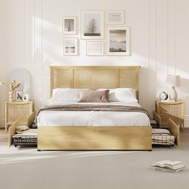 Bed Frame with Natural Rattan Headboard, 4 Storage Drawers - Full