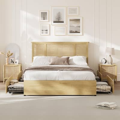 Bed Frame with Natural Rattan Headboard, 4 Storage Drawers