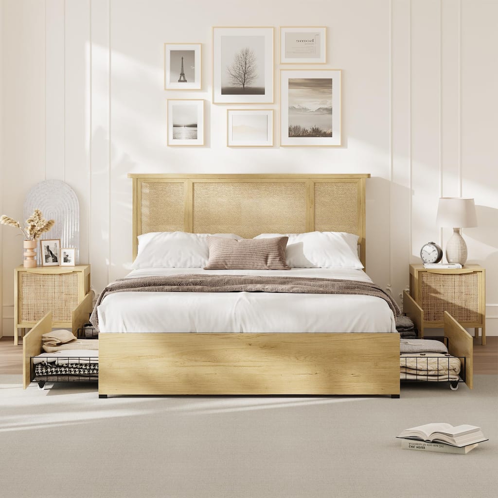 Bed Frame with Natural Rattan Headboard, 4 Storage Drawers