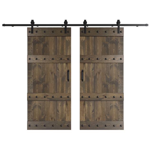 72in x 84in Castle Series Pine Wood Double Sliding Barn Door With Hardware Kit - Smoky Gray