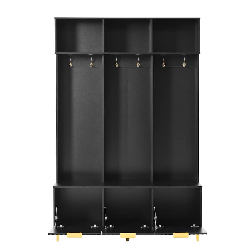 3-in-1 Hall Tree with Storage Bench & Shoe Storage, Glossy Fluted Cabinet Coat Rack with Gold Handles and Legs