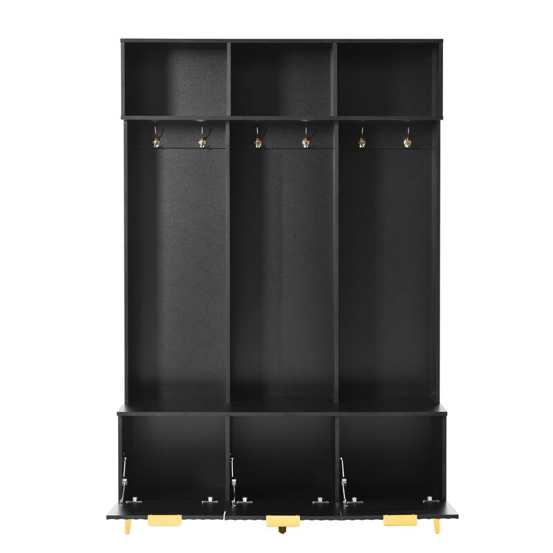 Storage Hall Tree with Bench, Multi-functional Storage Bench with High Gloss Fluted Doors, Coat Rack with 6 Hooks and Legs
