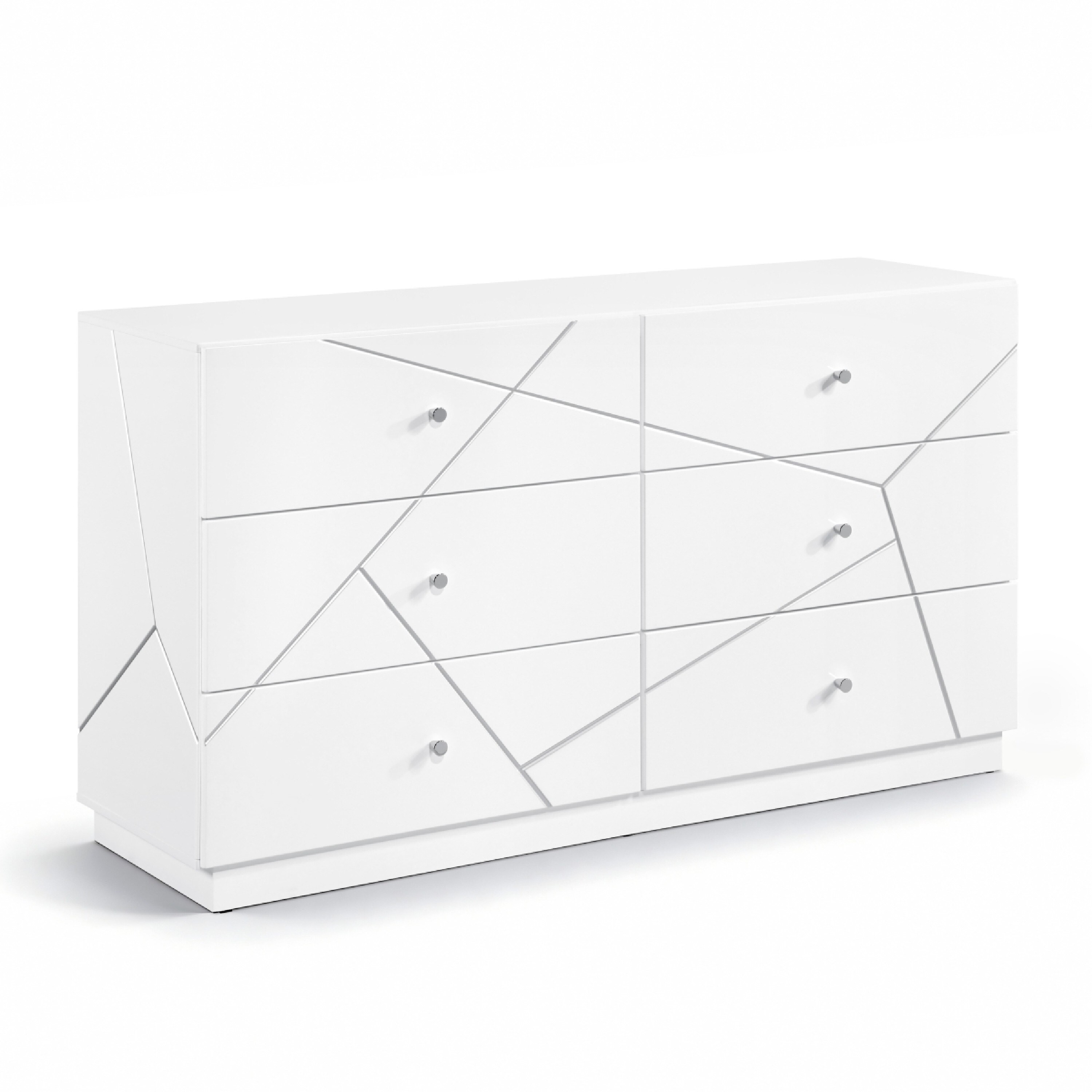 Oly Wide Dresser, 6 Drawers, Geometric Design, Chrome Knobs, Glossy White