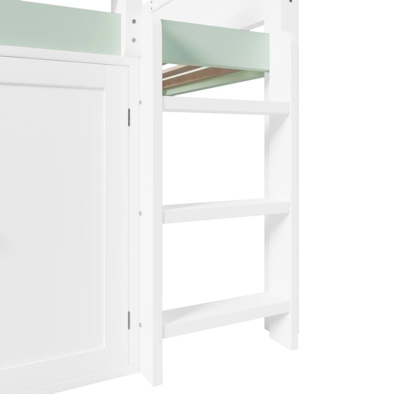 GDFStudio - Solid Wood Full Size Loft Bed with Canopy & Storage Cabinet
