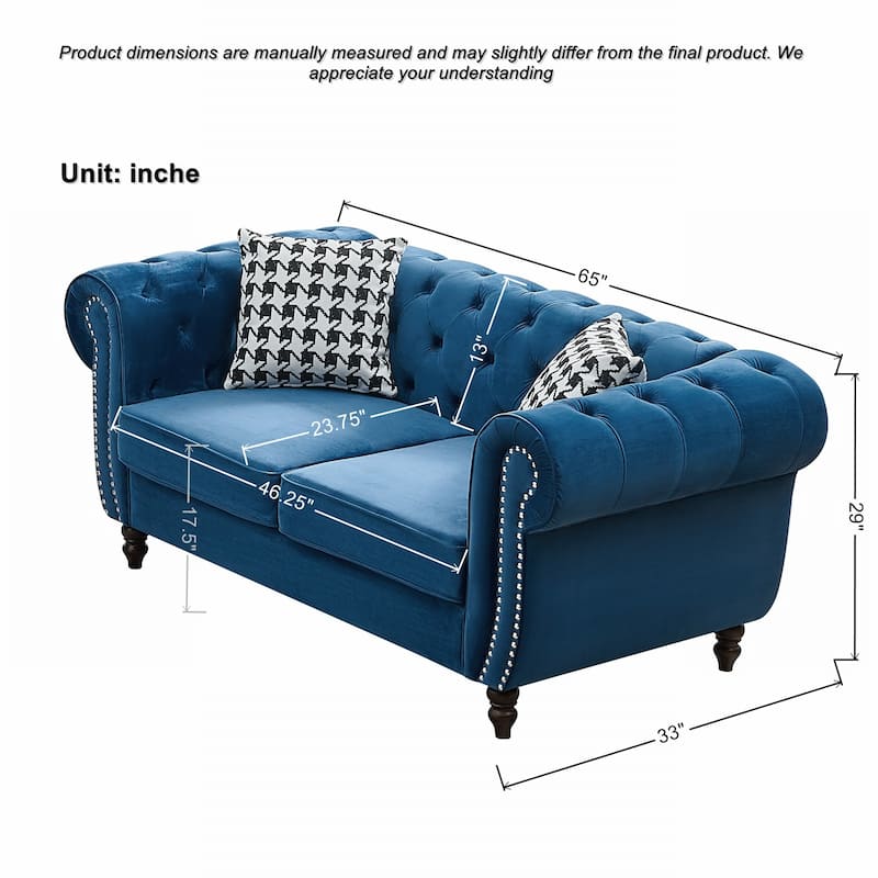 Roomfitters 85" + 65" Classic Chesterfield Upholstered Sofa and Loveseat Set, Scrolled Arm Couch with Button Back Design