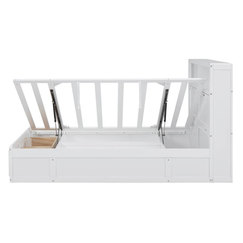 Full Size Hydraulic Platform Bed with Storage, LED Headboard, Charging Station, and 2 Drawers in White