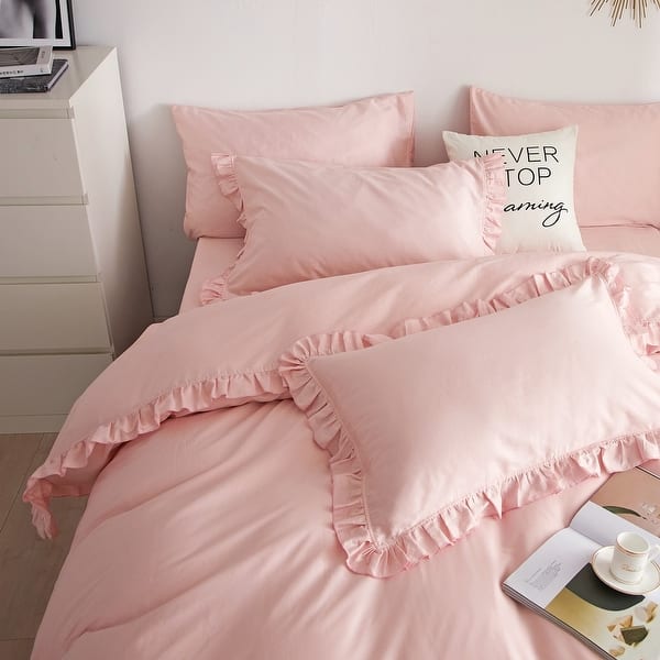 Pink Ruffle Duvet Cover, Fitted Bedding Set, 100% Cotton  display picture 1