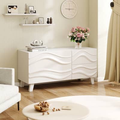 Modern White TV Console Table with Storage Cabinet and Drawers for Living Room or Bedroom - 38" x 14" x 18"