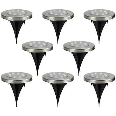 Set of 8 Stainless Steel Round Solar Powered LED Pathway Markers 5"