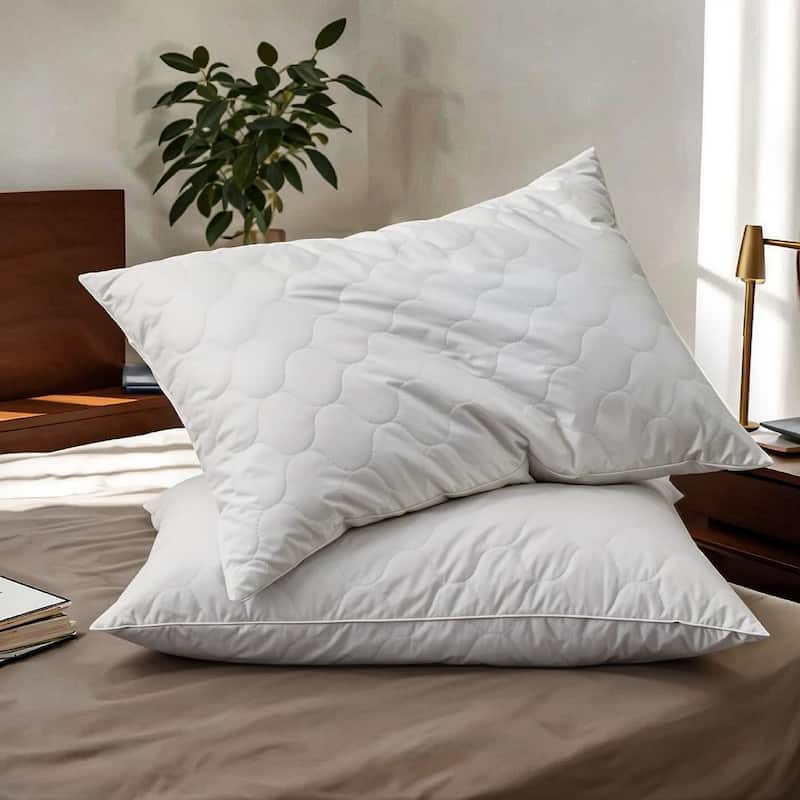 2 Pack Goose Feather Down Pillows with Quilted Cotton Cover - White - Medium - Standard