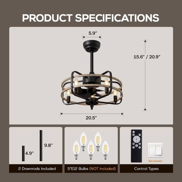 Industrial Black Caged Chandelier Ceiling Fan with Lights and Remote