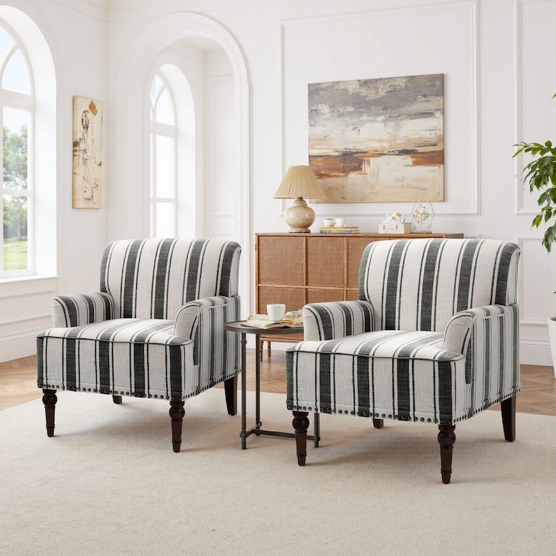 Set of 2 Stripe Linen Accent Arm Chairs with Nailhead Trim and Wood Legs