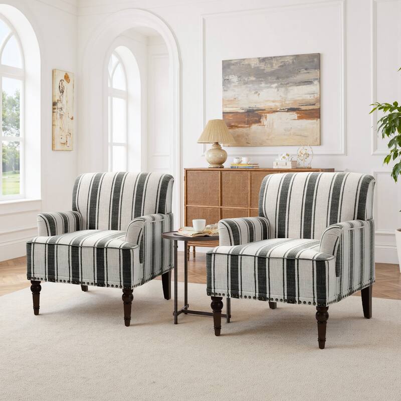 Stripe Linen Accent Arm Chair with Nailhead Trim and Wood Legs