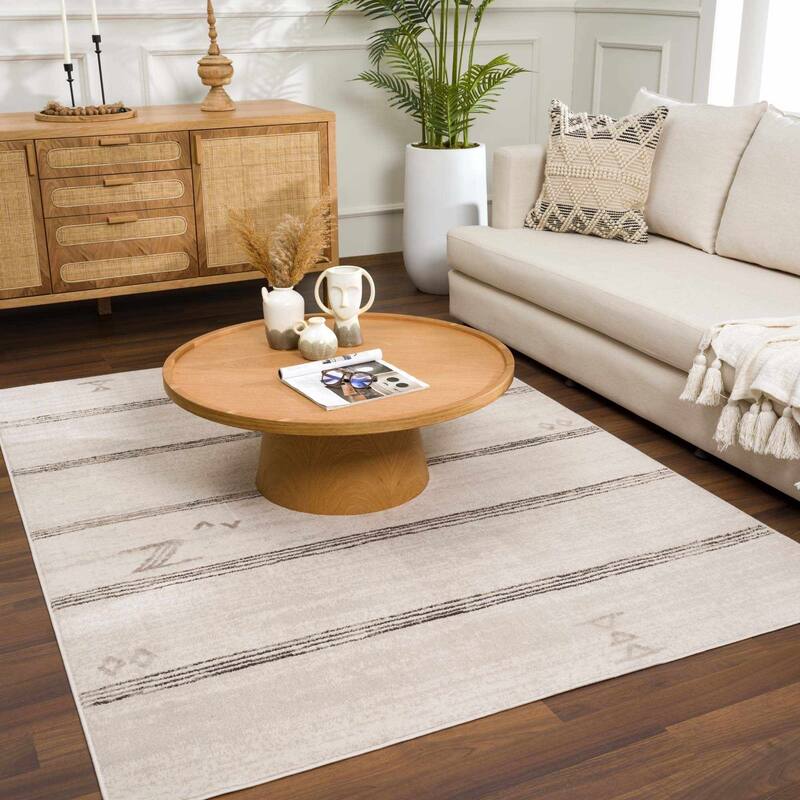 Pertek Bohemian Farmhouse Traditional Area Rug - 5'3" x 7' - Cream, Charcoal / Deja