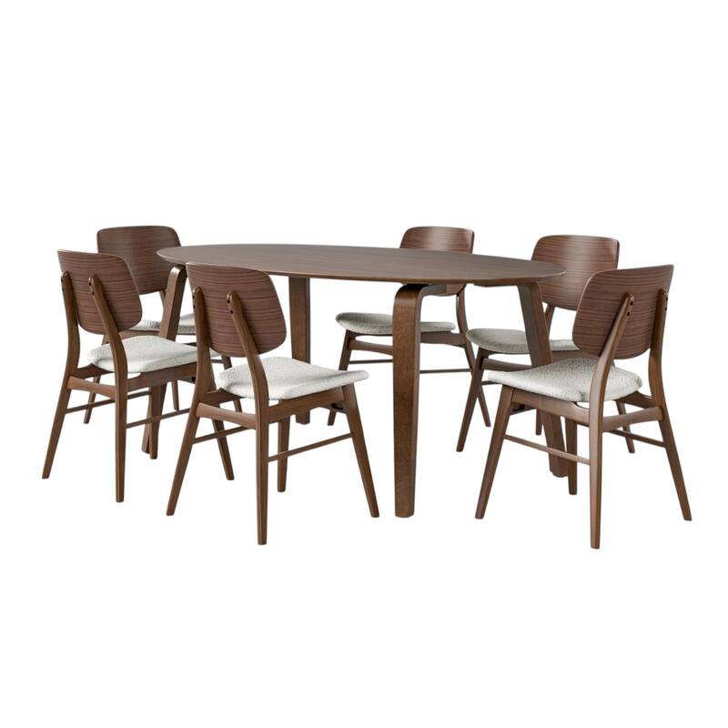 7 Piece Oval Wooden Dining Set in Walnut and Beige - 7-Piece - Walnut/Beige