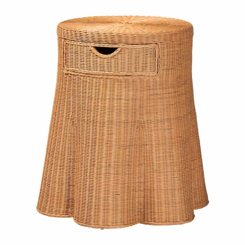 Dayo Scalloped Natural Rattan Console Table with Drawer - Handwoven Wicker Accent Table with Flared Skirt, Coastal Boho Style - Light Honey