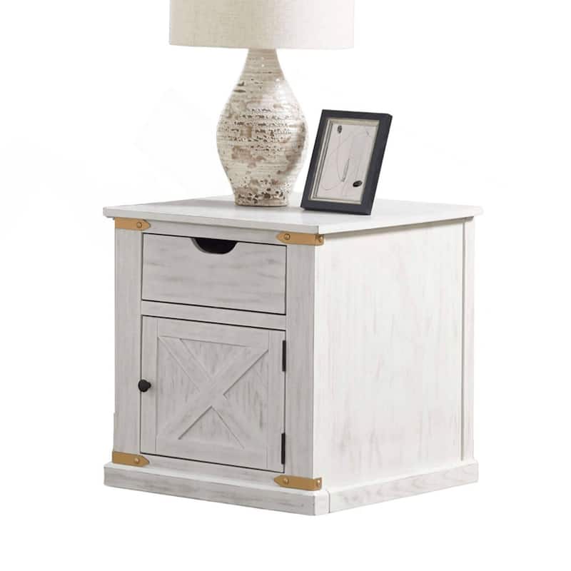 Becca Farmhouse End Table, Barn Door Storage, Gold, White 26 Inch