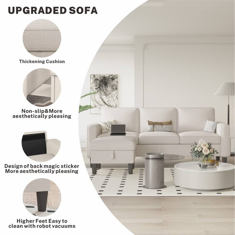 77.95" Linen Fabric Sectional Sofa with Storage Ottoman and USB Pocket