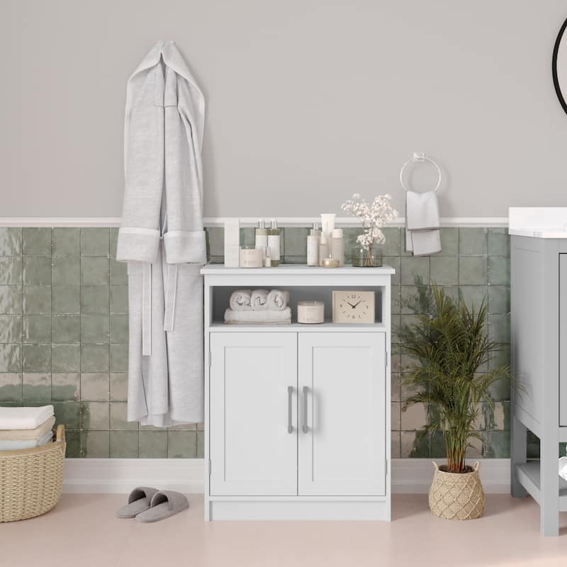 Floor Cabinet Storage Organizer with Magnetic Closure Doors and Shelves - White