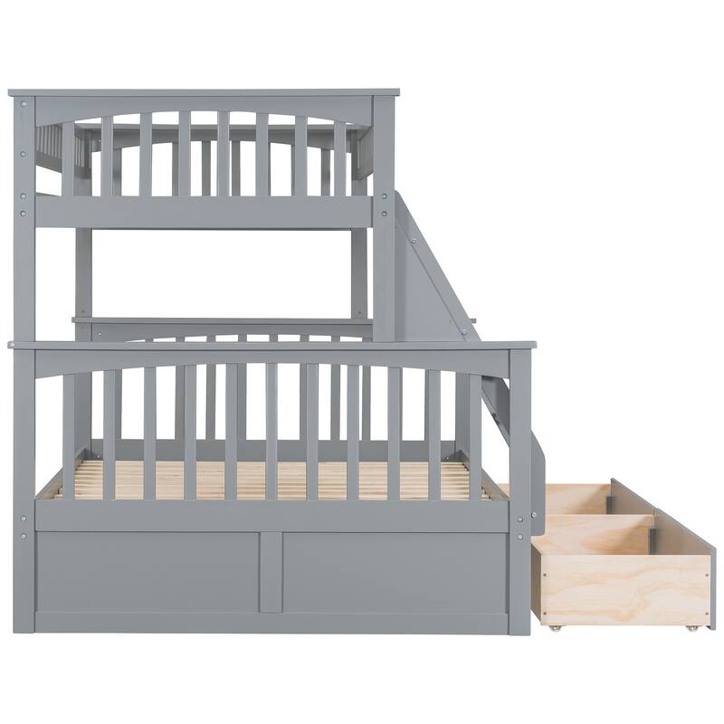 Wooden Storage Bunk Bed Frame with Fence-shaped Guardrails and Pull-out Drawers, Convertible 2 Platform Beds, Detachable Design