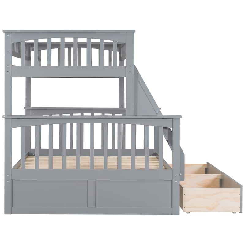 Wooden Twin over Full Bunk Bed with 2 Drawers, Detachable into 2 Beds, Solid Pine Wood Bunk Bed Frame with Fence Guardrail
