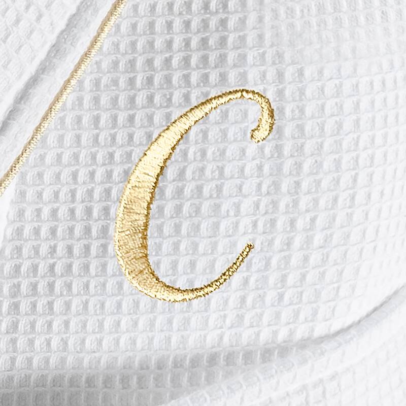 Authentic Hotel and Spa White/Gold Unisex Turkish Cotton Waffle Weave Terry Bath Robe with Gold Script Monogram - L/XL - C
