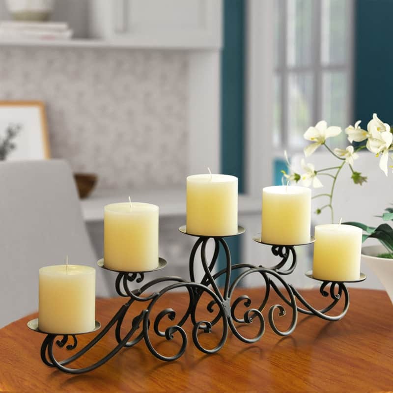 Adeco 5-pillar Iron Table Top Candle Holder - 24.4"x 4.5"x 6.5"