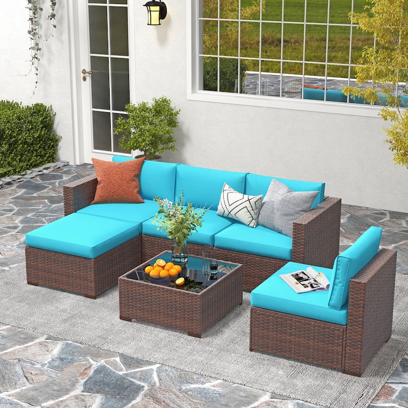 6-piece Outdoor Wicker Sectional Sofa Set - Turquoise