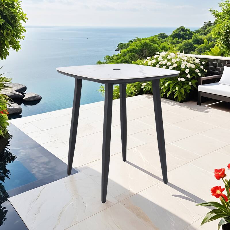 35.4" Square Outdoor Bar Table - Sintered Stone Top, Umbrella Hole, Ember Black - 35.4" D x 35.4" W x 41.7" H