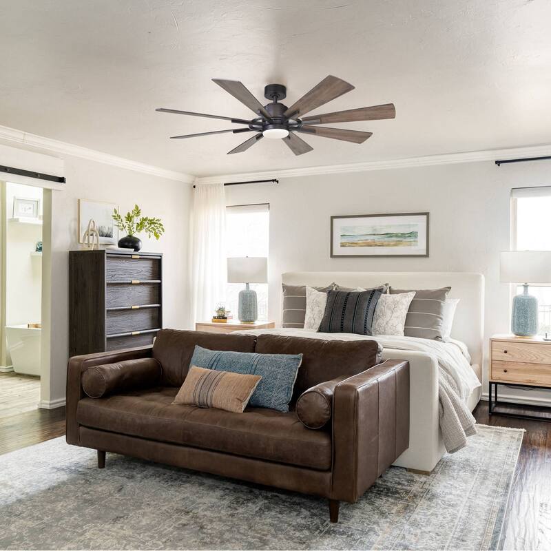 60" Farmhouse Walnut Wood 8-Blade LED Ceiling Fan with Remote Control