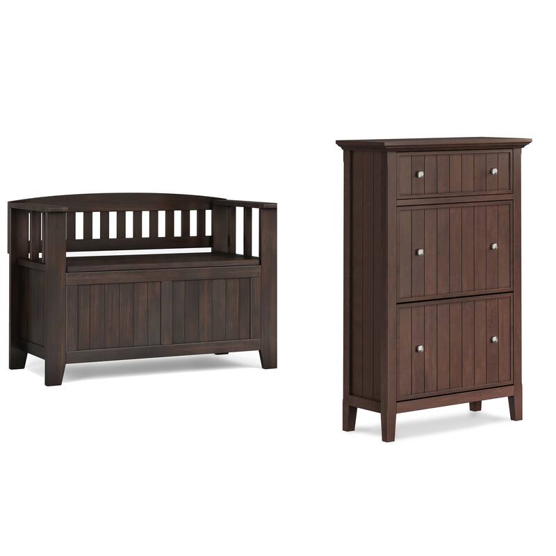 Acadian Solid Wood 36" Wide Small Storage Bench and 31.5" Wide Shoe Storage Cabinet in Brunette Brown