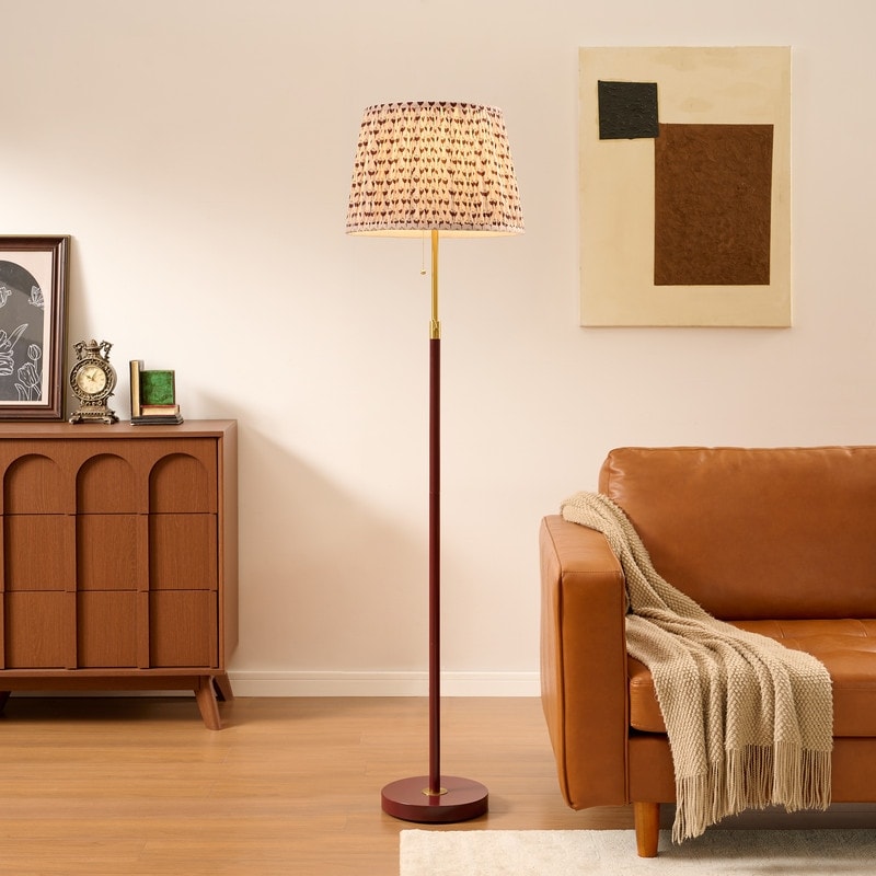 KAWOTI 66 in. 1-Light Red and Antique Brass Standard Floor Lamp for Living Room, Beige Fabric Shade with Red Print