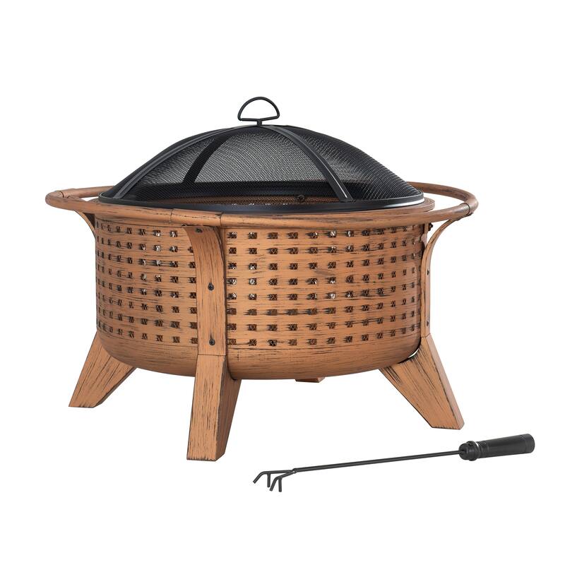 Sunjoy 30 in. Outdoor Wood-Burning Fire Pit, Patio Woven Round Steel Firepit Outside with Spark Screen and Poker - N/A