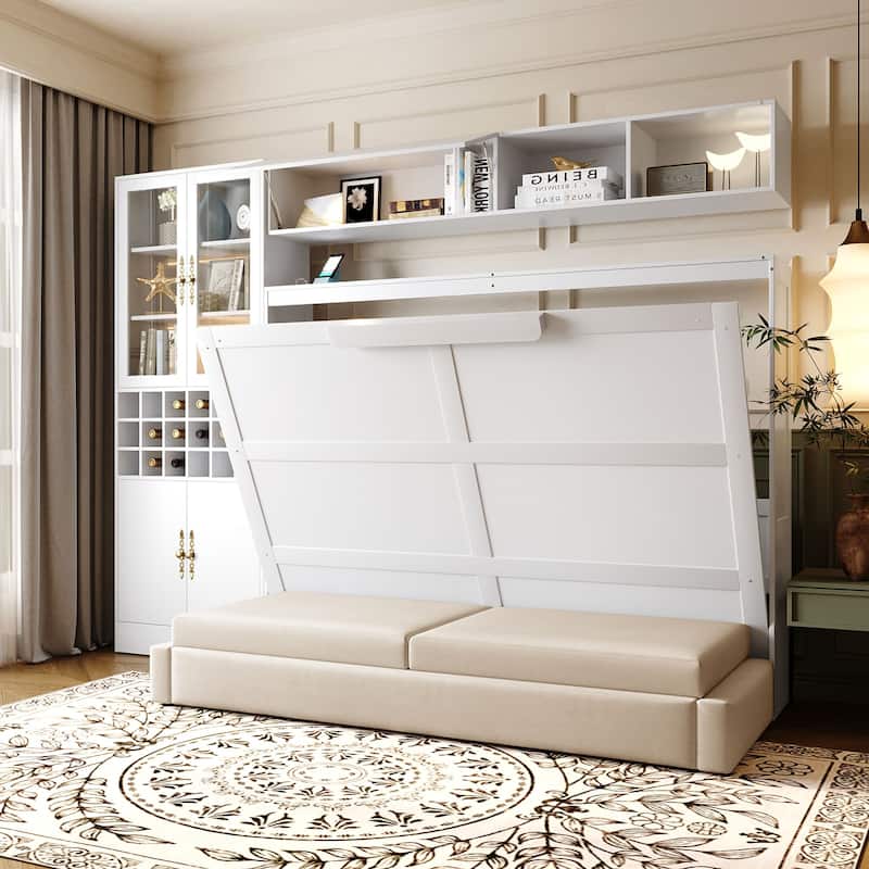 Space-Saving Full Size Murphy Bed with Sofa, Shelves, USB & Light in White