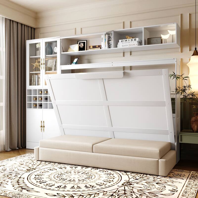 Wood Wall Murphy Bed Frame with Couch, USB and Light, Foldable Wall Platform Bed with All-in-One Storage Cabinet