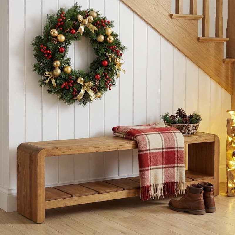 59-Inch Solid Wood Entryway Bench with Shoe Storage - Brown