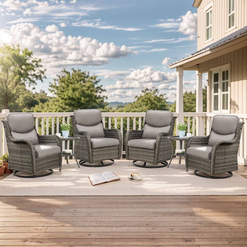 Outdoor Gliders Swivel Chairs Patio Chairs with 5-Inch Thick Cushions - Grey Rattan - Grey Cushion - 6PCS Glider Chairs with Table