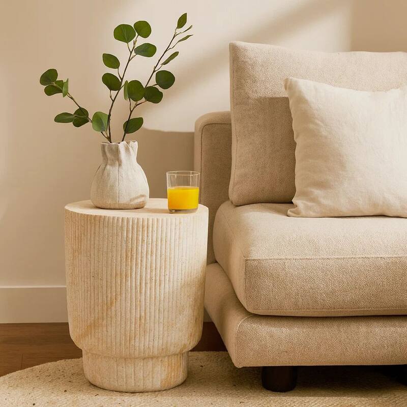 Archi Plant Stand Table, Fluted Surface, Marbled White Resin 18 Inch