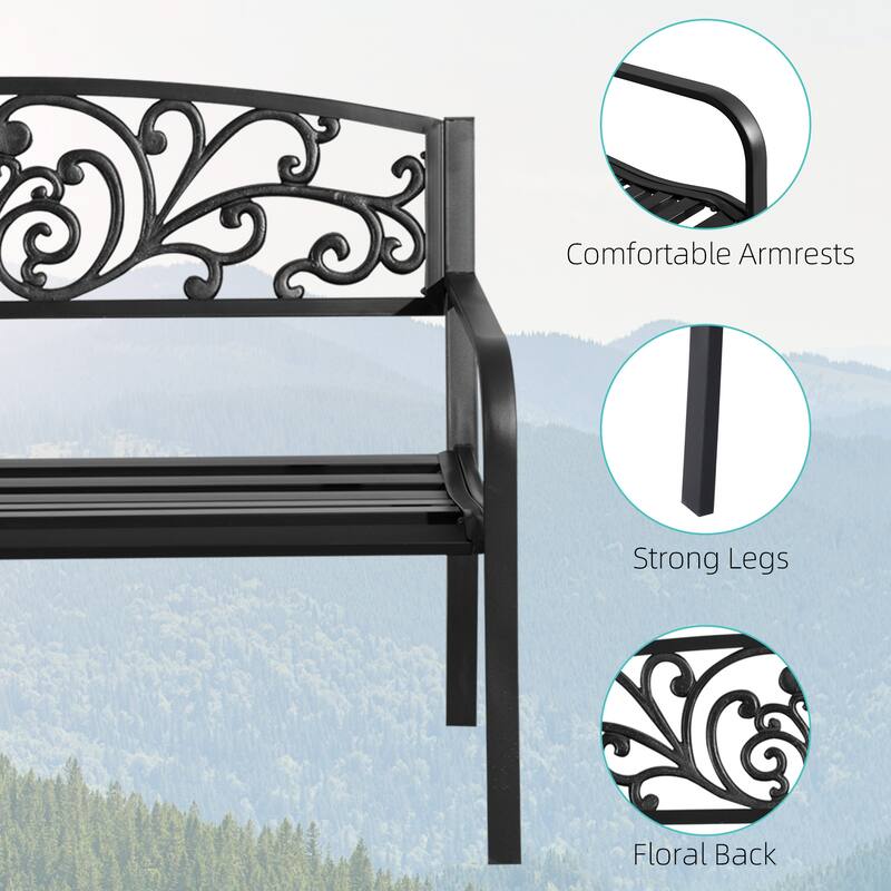 Elegant Leisure Bench Entryway Bench with Floral Decorated Backrest, Hallway Bench Porch Bench Patio Bench with Armrests