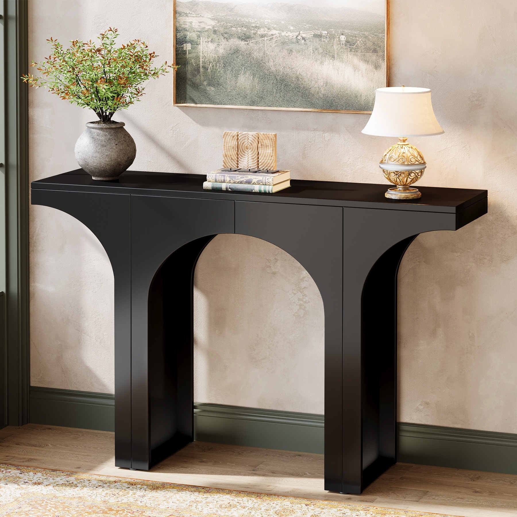 47" Modern Black Console Table with Arched Base, Narrow Hallway Sofa Table for Entryway or Living Room