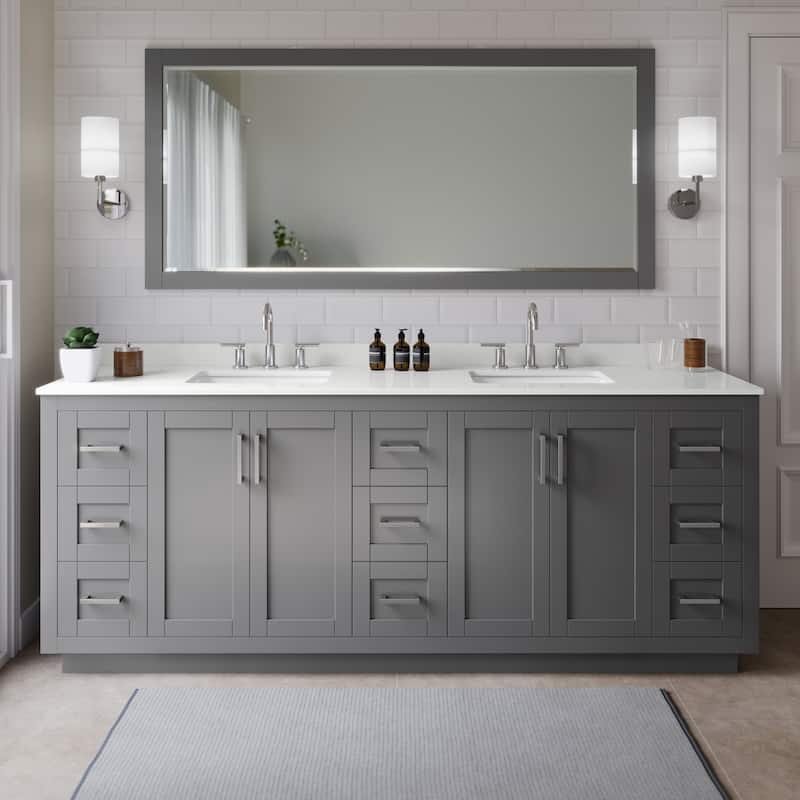 Wyndham Collection WCF292984D-QTZ-US3MXX Miranda 84" Free Standing - Dark Gray / White Quartz Top / Brushed Nickel