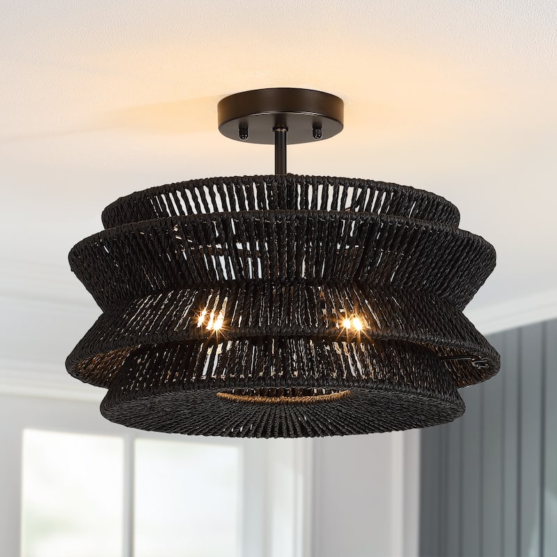 Silvia 2-Light Bohemian Woven Rope Semi-Flush Mount Ceiling Light - 16 in. W - Black